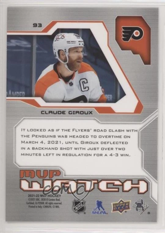 2021-22 Upper Deck MVP 20th Anniversary Gold Claude Giroux #93 - Image 2 of 2