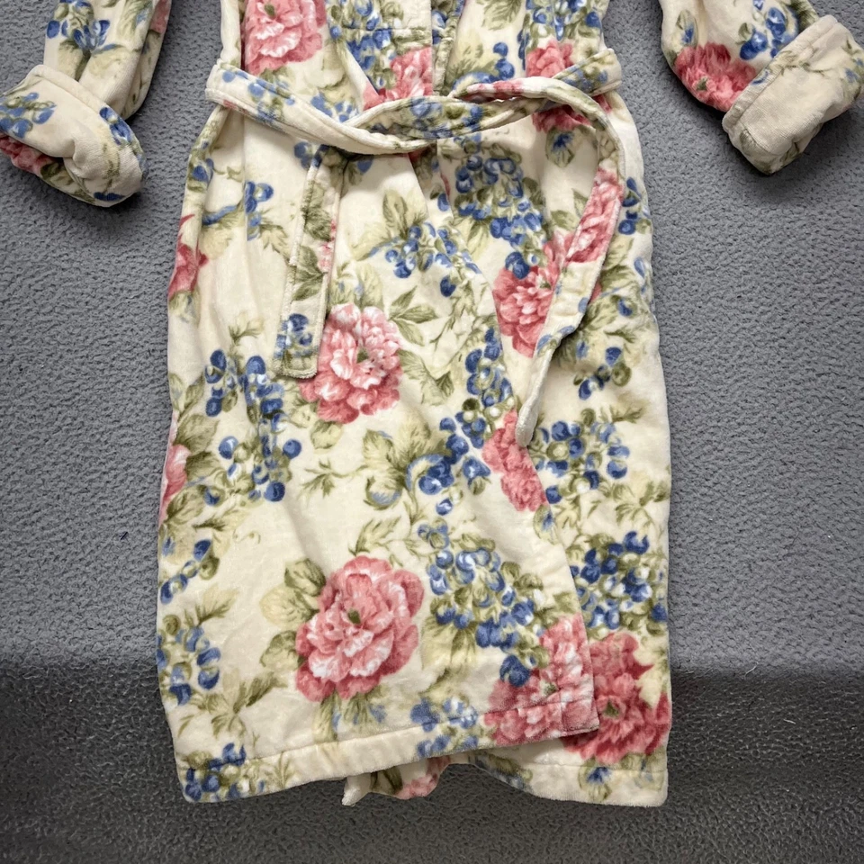TJ Lawson Robe Womens L Ivory Floral Terry Belted Retro English Country Side - Image 2 of 4