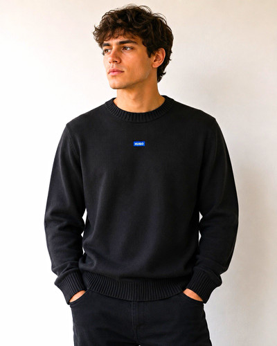 HUGO Men's L Black Cotton Knit Crewneck Long Sleeve Pullover Sweater Logo
