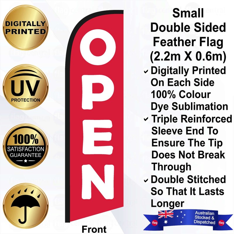 F - OPEN Deluxe Double-Sided Red 2.7m Feather Flag / Banner Kit with Pole Set, Steel Outdoor Cross Base and a Free Carry Bag - 1