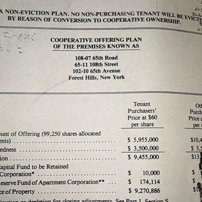 Cooperative Offering Plan Document   Forest Hills NY Premises 108-07 65th Rd