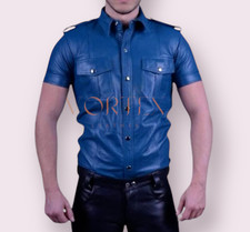 Mens Real Blue Leather Police Military Style Shirt Gay Bluf Shirt Half Sleeves