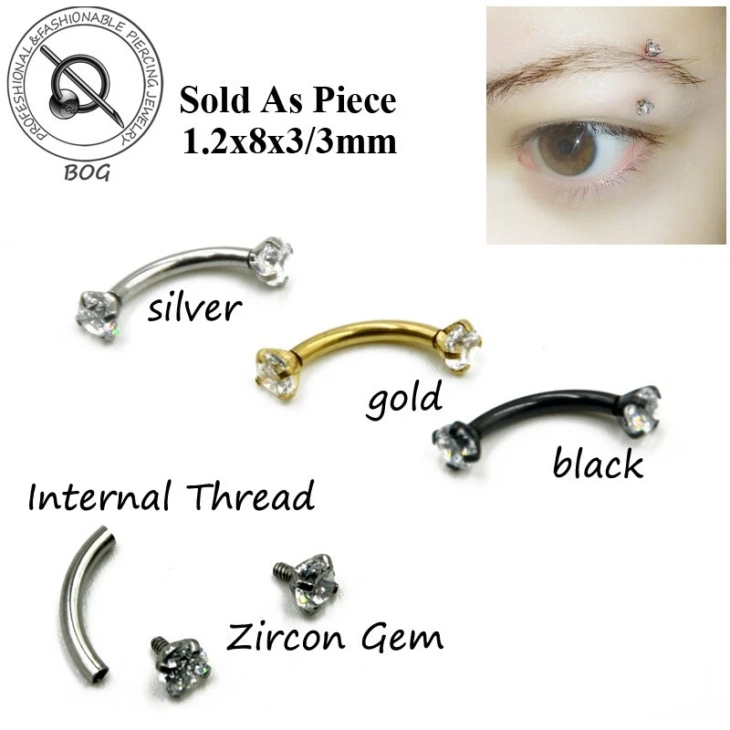 1PC Surgical Steel Curved Barbell Zircon Crystal Eyebrow Ring Body Jewelry