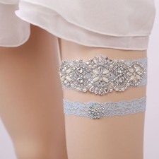 Women Wedding Leg Garter Set Bride Lingerie Lace Faux Pearl Bead Diamante Blue