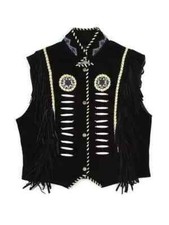 Men's Western Black Suede Leather Vest Native American Beaded Fringe Cowboy Vest