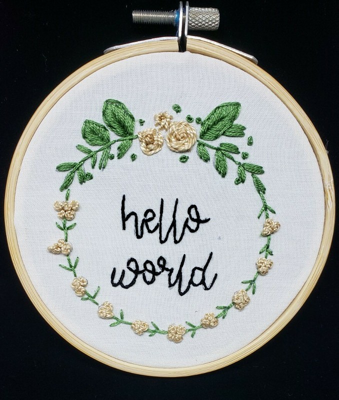 "Hello World" Embroidered Round Wall Plaque. Baby Nursery Decor