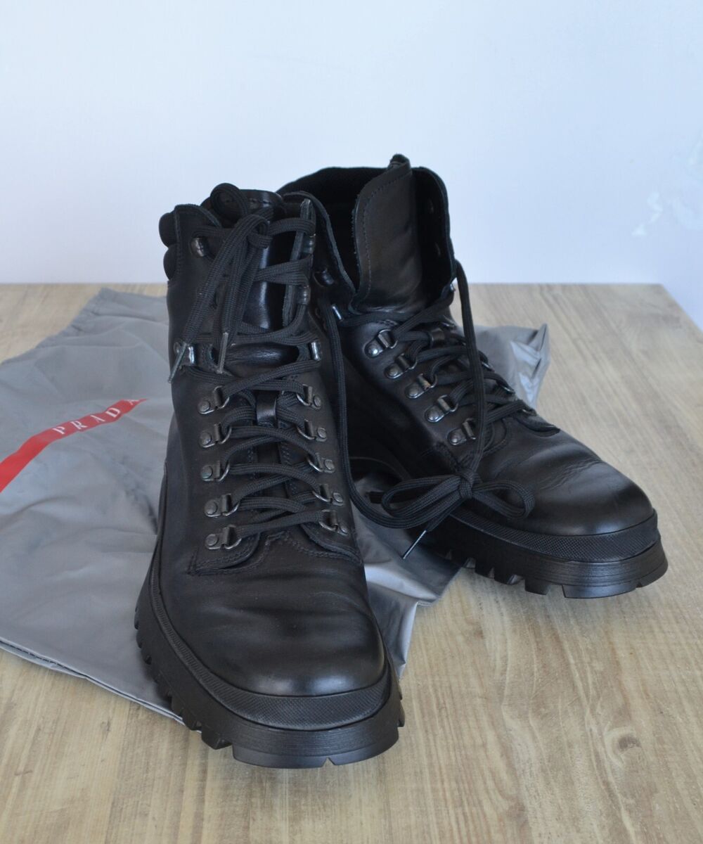 Vintage Mens PRADA Combat Boots Black Leather Shoes Tractor Vintage Mens PRADA Combat Boots Black Leather Shoes Tractor