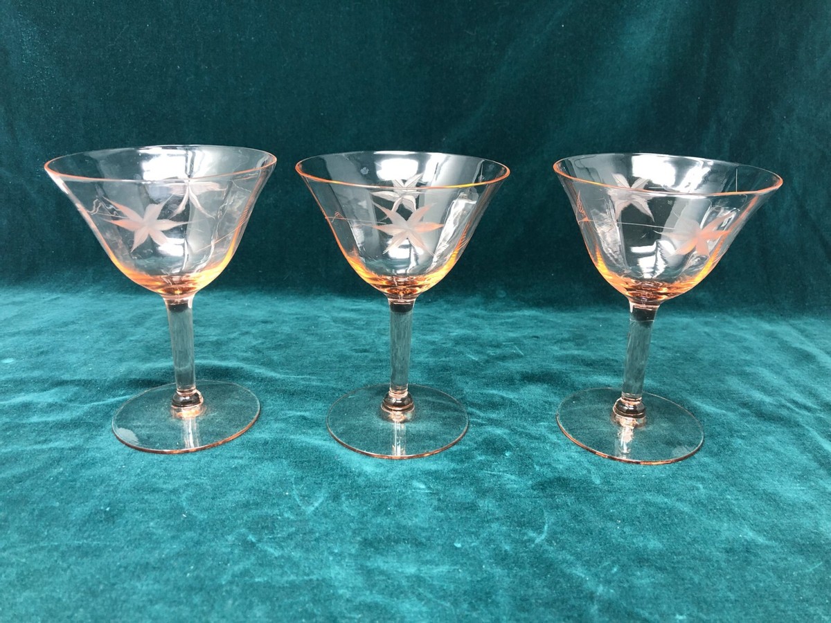 Vintage Set of 3 Floral Etched Pink Depression Glass Champagne Vintage Set of 3 Floral Etched Pink Depression Glass Champagne