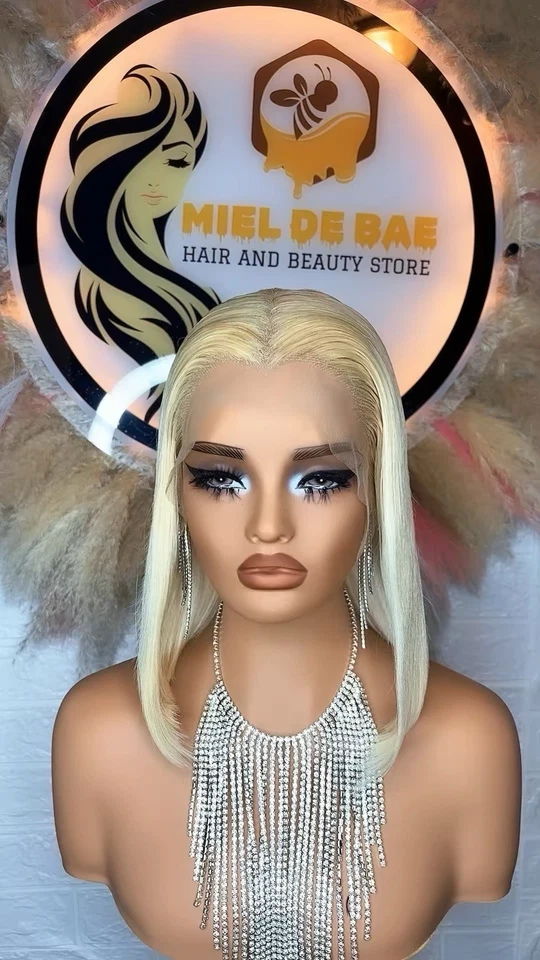 Peluca de cabello humano Bob corta 613 rubia con frente de encaje transparente 13x4 Foto 4 de 4