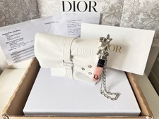 DIOR White Roll Top Cosmetic Pouch Bag Silver "CD" Buckle Strap Lip Addict Charm