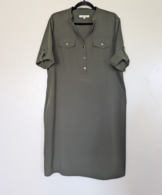 TravelSmith Womens XL Olive Green Snap Front Travel Dress Zip Pockets #25200