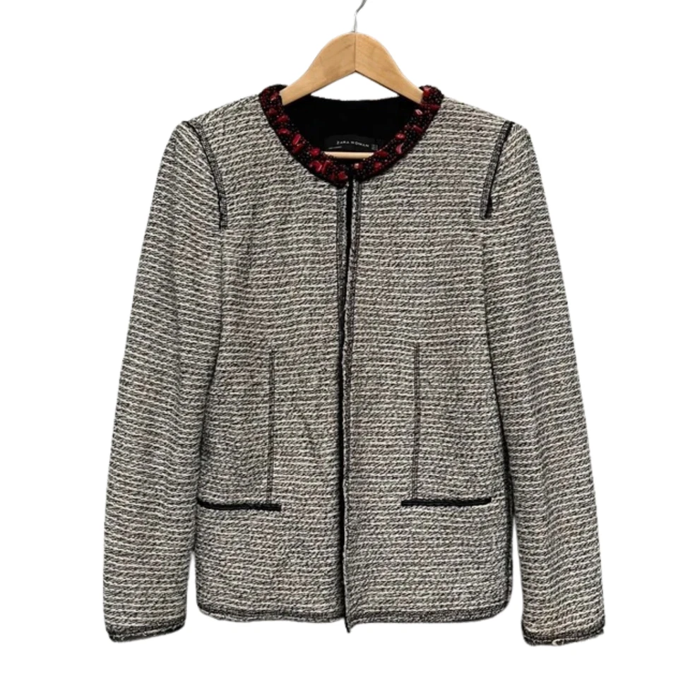 Zara Bouclé Tweed Sakko XL Bead-Dekor Anlass Smart Grau Blazer - Bild 1 von 4