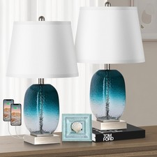 Table Lamp Set of 2 Touch Control, Modern Coastal Teal Glass Bedside Lamp wit...