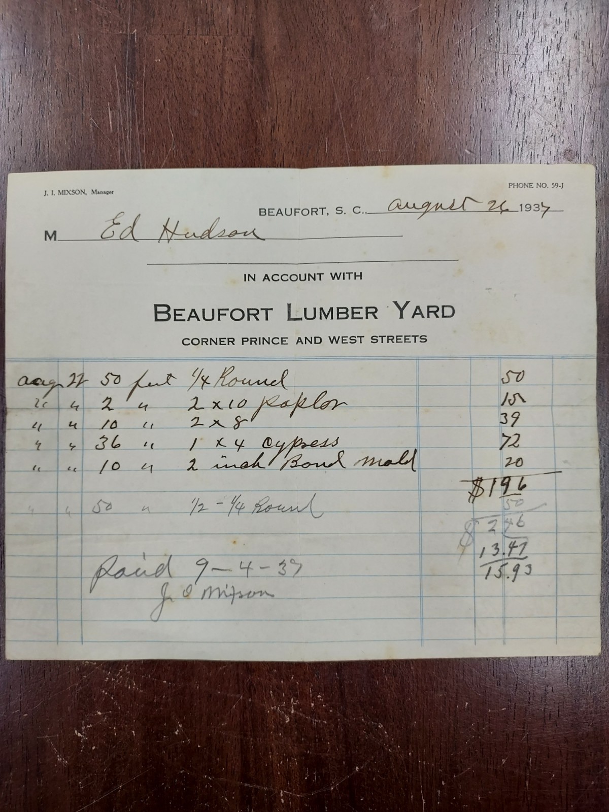 Vintage Hardware & Lumber Invoices 1937 Beaufort SC Lot of 10