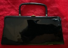 1960s Black Faux Leathbag, VTG top handle handbag / clutch w/ brass hardware