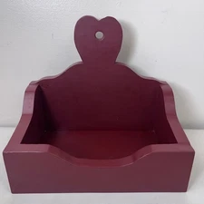 Burgundy Wood Heart Wall Pocket Shelf Country Decor Rustic Display Cottagecore