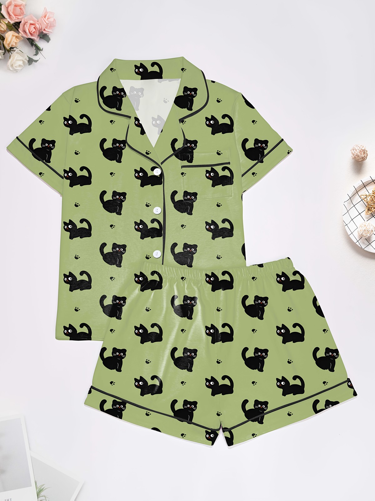 Women's Two-Piece Pajama Set, Green and Black Cat Print Comfortable