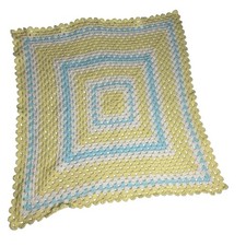 Hand Made Blue Yellow Square Afghan Baby Blanket Crochet Throw Home Decor 33x33  