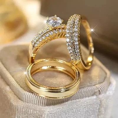 3Ctw Round Real Moissanite His Her Wedding Ring Trio Set 14K Yellow Gold Plated