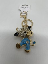 Cute Little Cow Bling Fashion Key Chain. Teal Blue With White Bling Accented