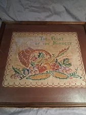 Vintage Cross Stitch Sampler The Feast of The Harvest Framed Wall Art 16"x18"