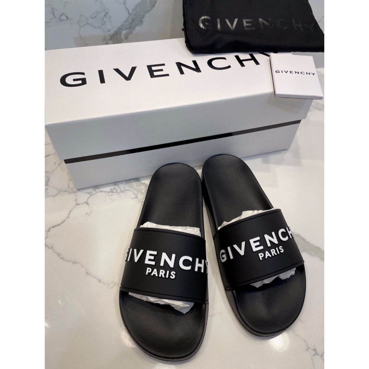 NEW Givenchy Women's Logo Rubber Pool Slides Sandals Black BOX NIB