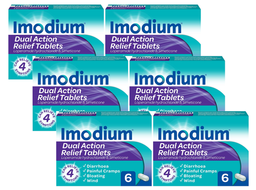Imodium Dual Action Relief From Diarrhoea Cramping Bloating Wind 6 X 6 