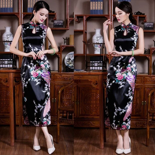 Chinese Sexy Women's Silk Satin Peacock Qipao Evening Dress Long Cheongsam S-2XL - Picture 12 of 27