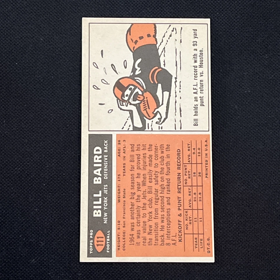 BILL BAIRD 1965 TOPPS SIGNED AUTOGRAPHED CARD #111 NEW YORK JETS - Image 2 of 2