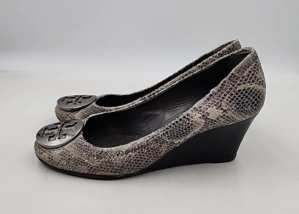 Scarpe Tory Burch taglia 7 Julianne pitone pelle goffrata zeppa punta aperta