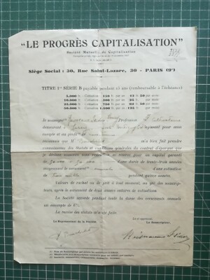 Vq198 Rechnung ''Le progrès capitalisation'' Société mutuelle Paris