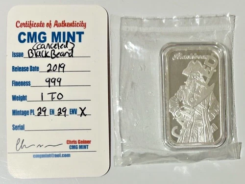 CMG Mint Canceled Blackbeard 1 Troy Oz .999 Silver Art Proof Like #12/29 W/ COA