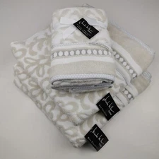 4pc Nicole Miller Home Beige Gray Damask 2 Bath & 2 Hand Towels Soft 100% Cotton