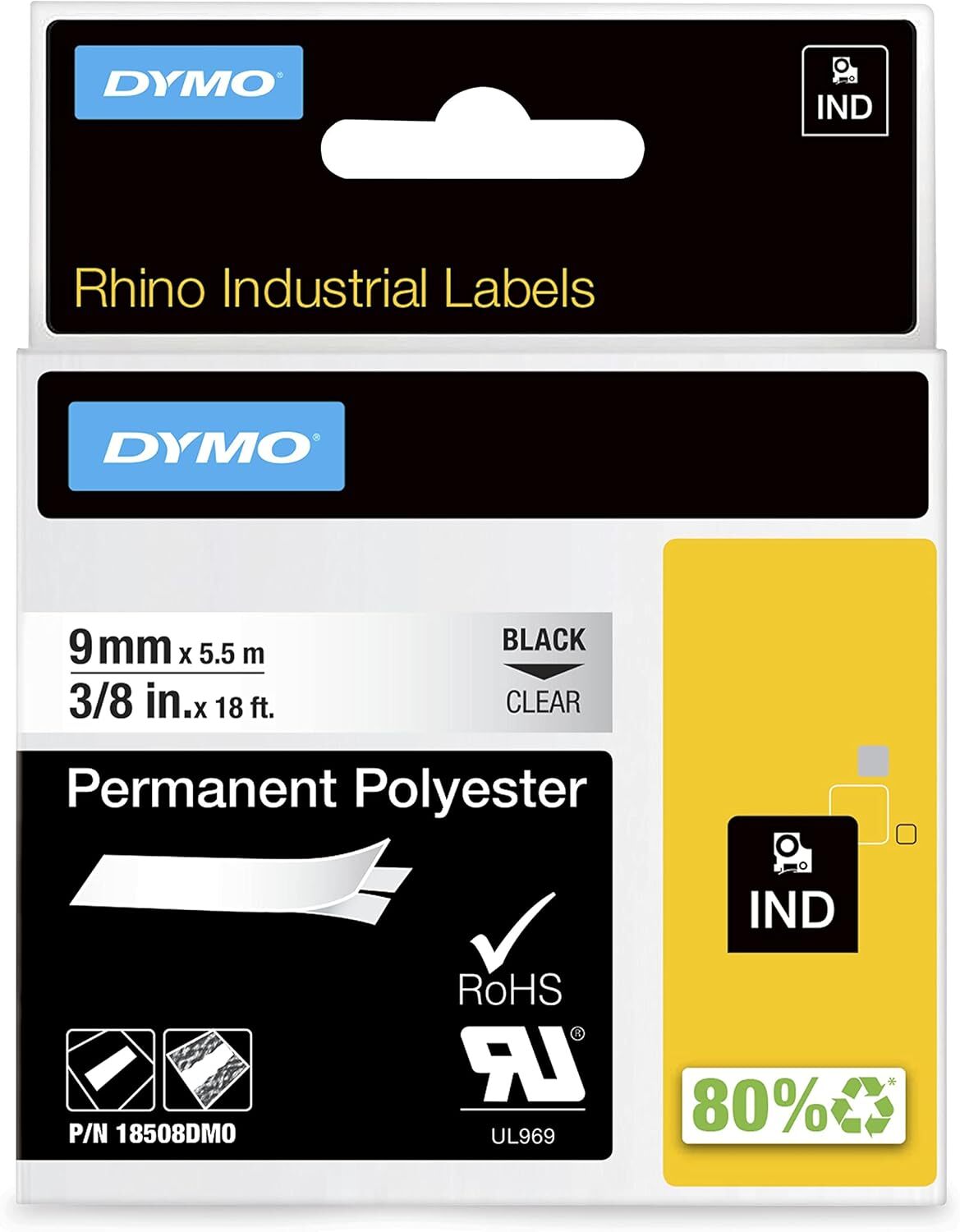 Промышленные этикетки Dymo Rhino из перманентного полиэстера размером 9 мм x 55 м - Черные на прозрачном 7990₽