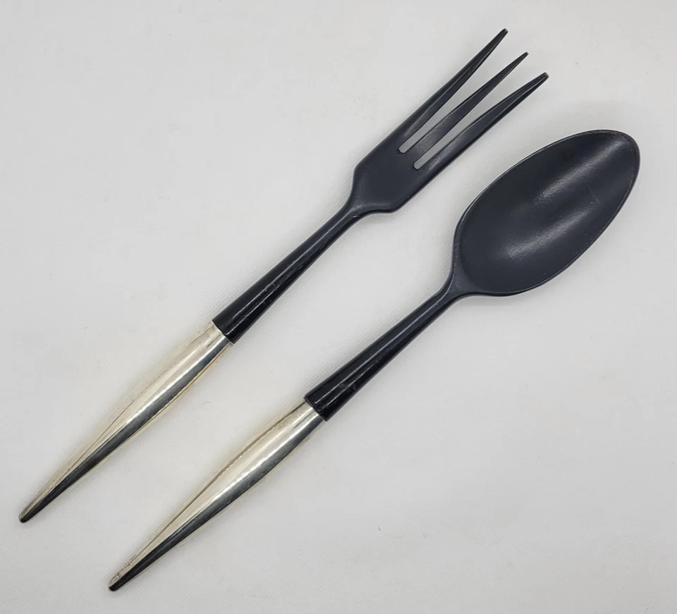 Mid Century Modern Salad Serving Fork and Spoon, Wooden & Sterling Silver France - Image 2 of 4