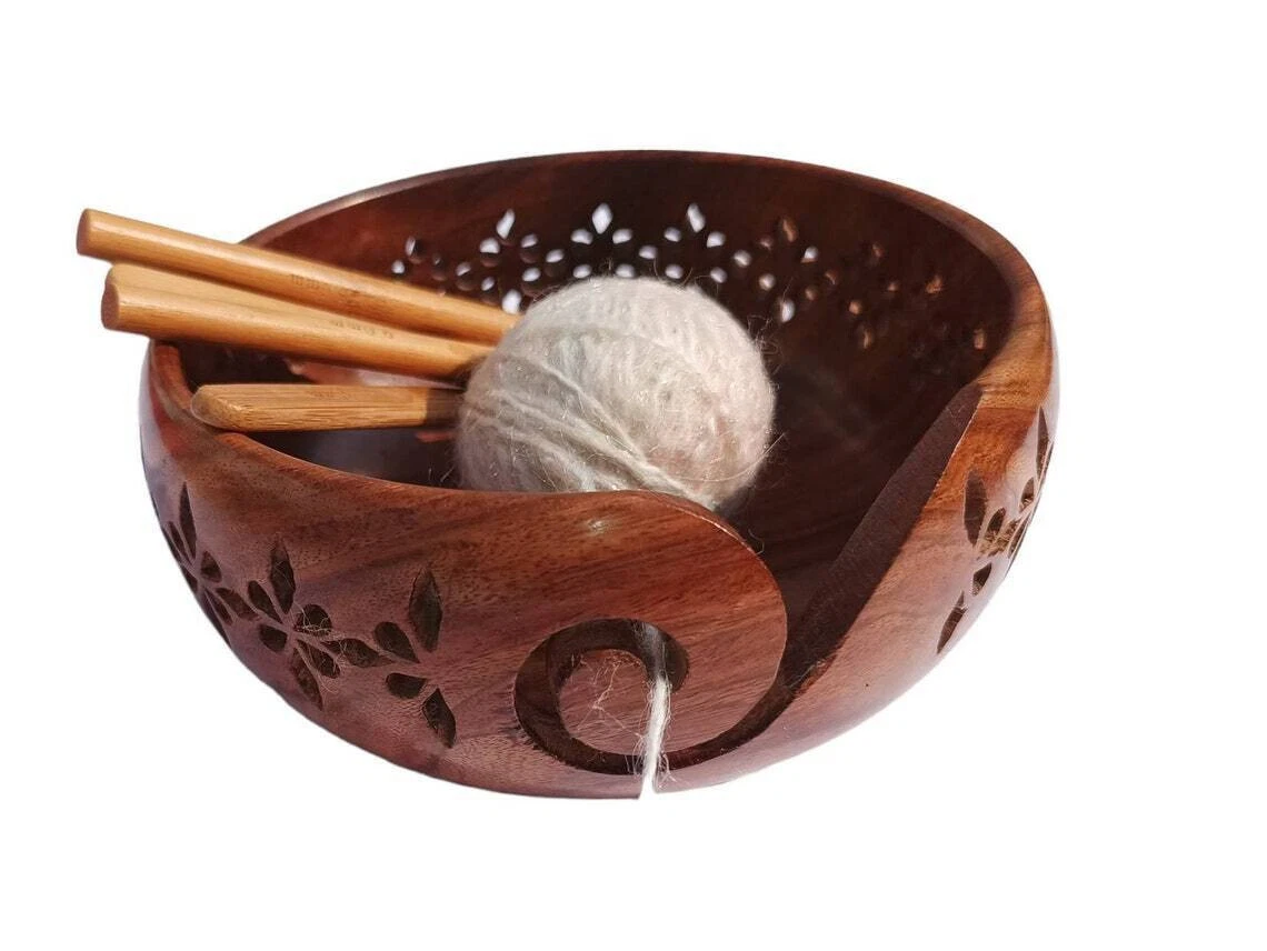 Wood Yarn Storage Bowl |With Carved Holes & Drills Needles Set Knitting Crochet