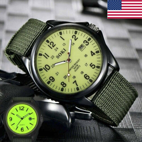 Military Army Men's Date Canvas Straps Analog Quartz Sports Wrist Watch Gift US - Afbeelding 1 van 14