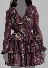 $445 Ulla Johnson Women's Red Ruffle V-Neck Lola Poplin Floral Mini Dress Size 2