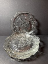 Set of 4 Clear Glass Floral Dessert Plates Scalloped Edge