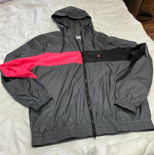 Hurley Men’s Windbreaker Jacket Sz L Hooded Zip Lined Ripstop Gray Black Pink - product listing photo