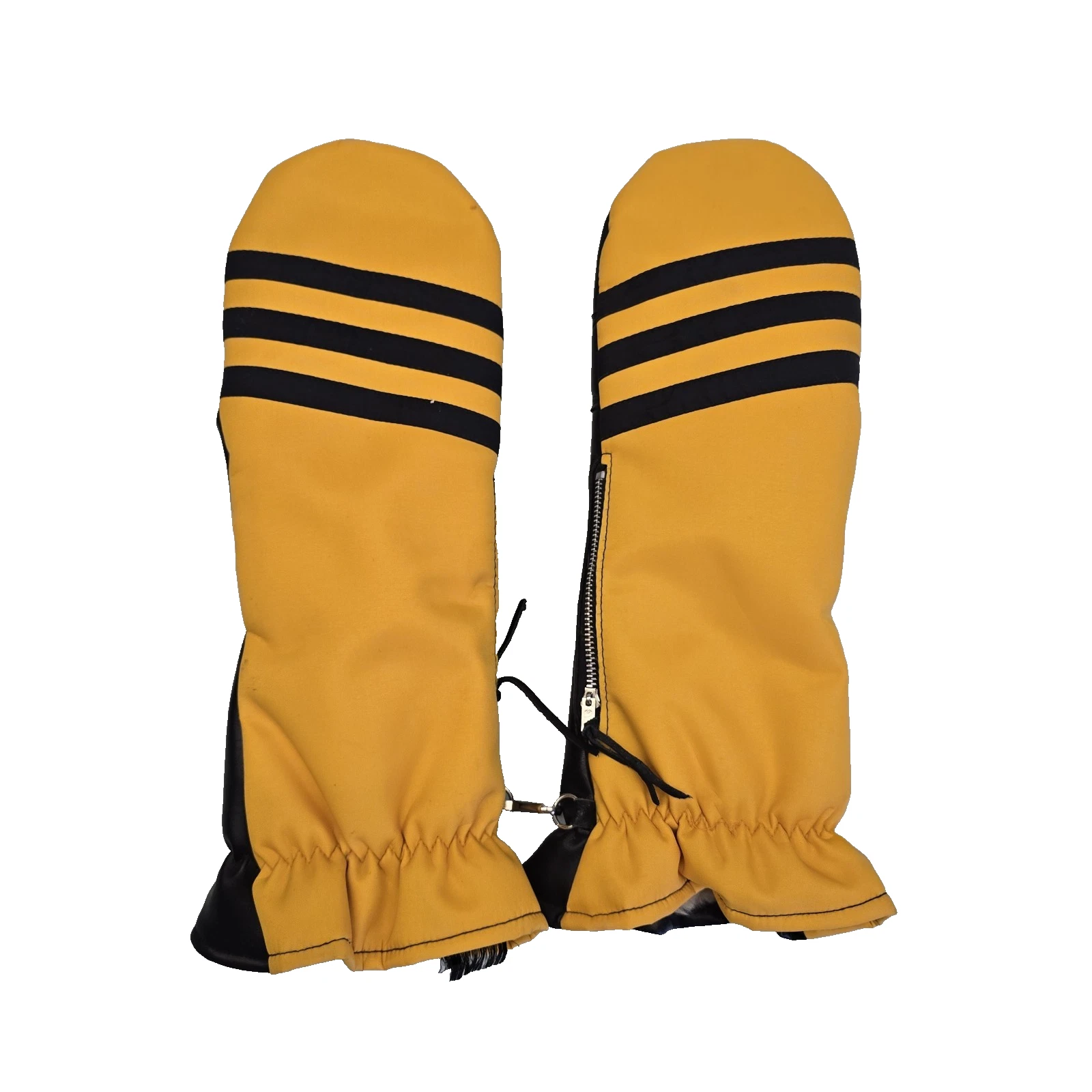 Vtg 60s Mustard Yellow Fleece Lined Winter Mittens 3 Stripe Design Gorpcore