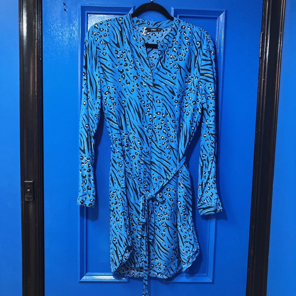 ONLY Blue Animal Print Shirt Dress Size 36 (AUS 8) Mini Long Sleeve