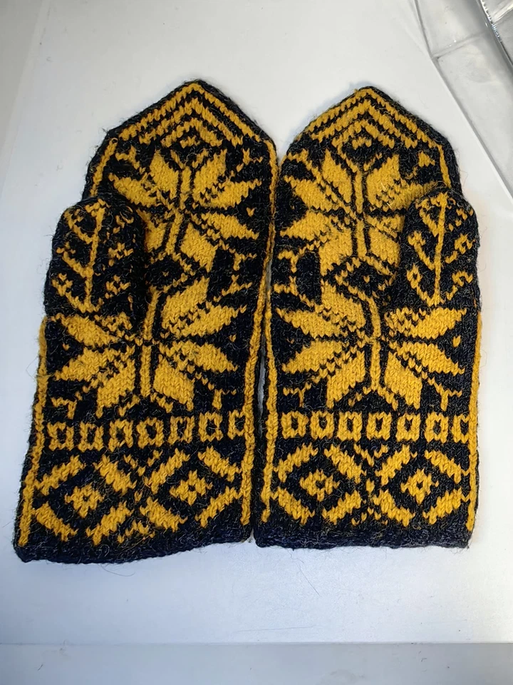 Шерстяные варежки ручной вязки Fair Isle скандинавские норвежские черные желтые - Изображение 4 из 4