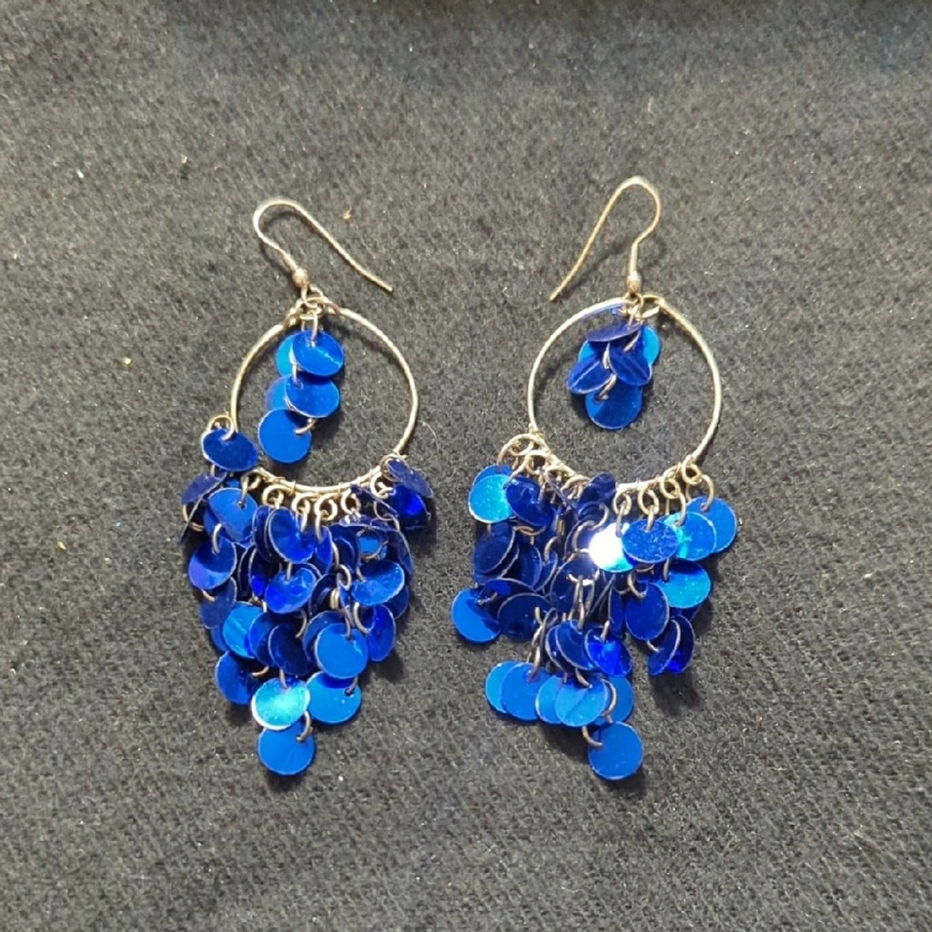 Silver Tone Blue Disc Dangle Statement Earrings - image 1
