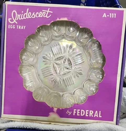 VTG 50's Iridescent Clear Federal Glass Egg Tray Plate Georgetown 10.75"