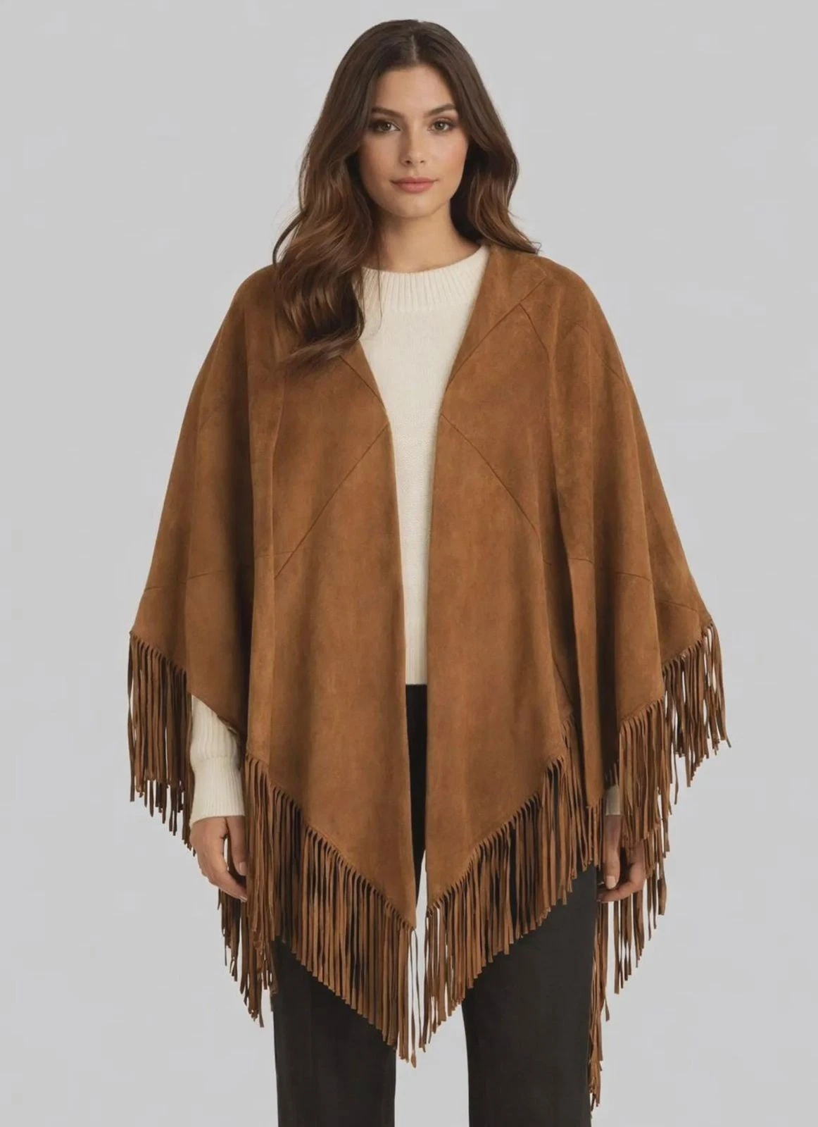 Women Western Handmade Suede Leather Shawl Wrap Suede Fringe Poncho Jacket