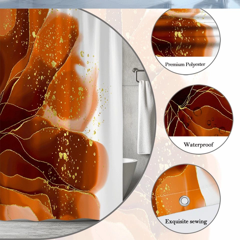 Abstract Rust Orange Flower Shower Curtain, Modern Gold Line Art Bathroom Decor - Image 3 of 4