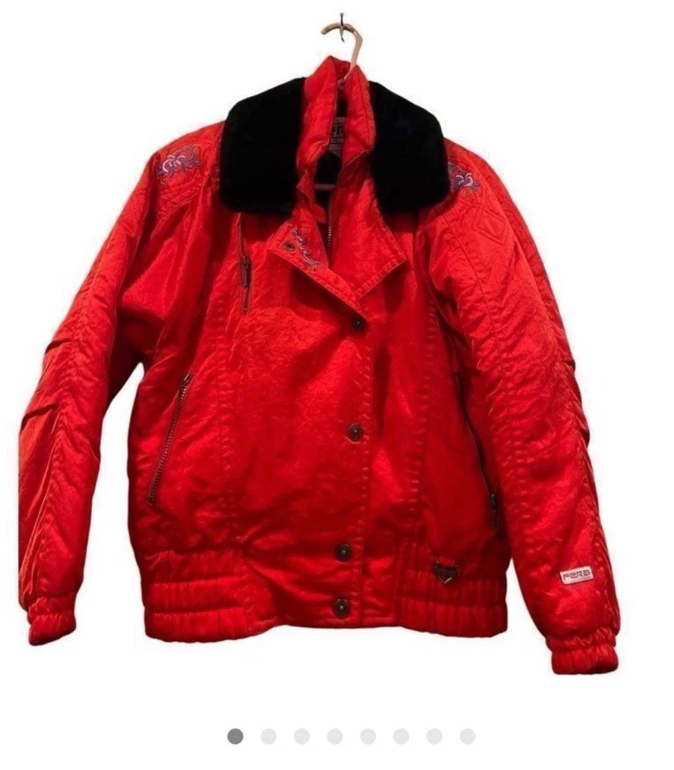 Vintage Women’s Pro Sports By Fera Red Bomber Ski Jacket Faux Fur Neck Size 6
