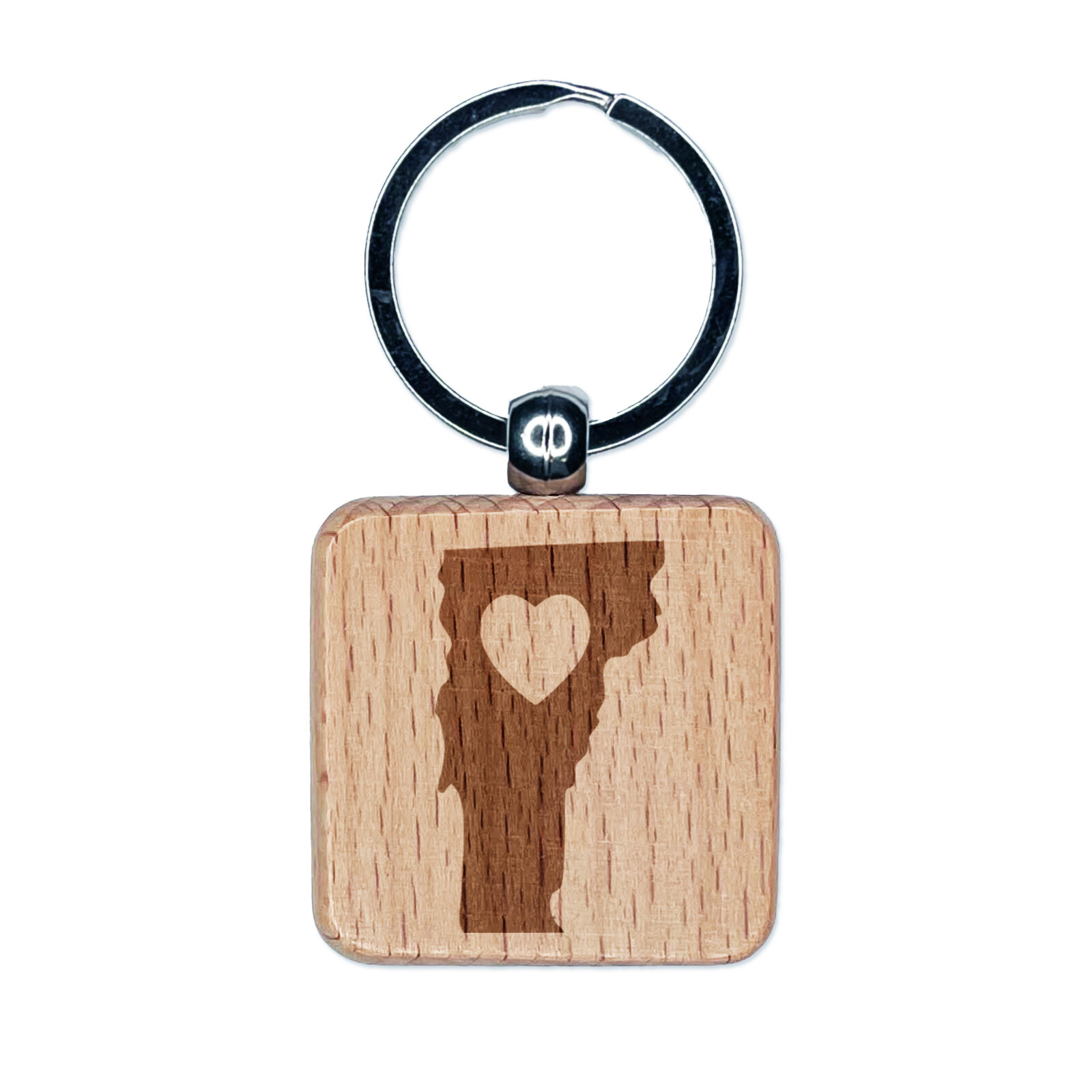 Vermont State with Heart Engraved Wood Square Keychain Tag Charm