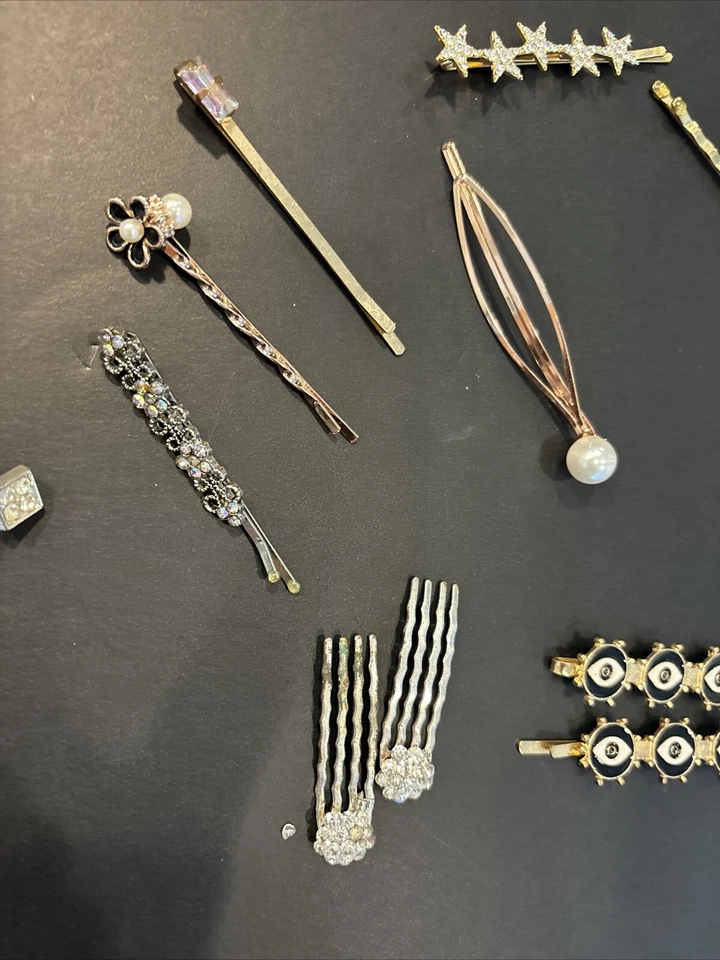 Lote enorme vintage de alfinetes de barrettes de cabelo de strass alguns marcados Taiwan Coreia flor de mão - Imagem 3 de 4